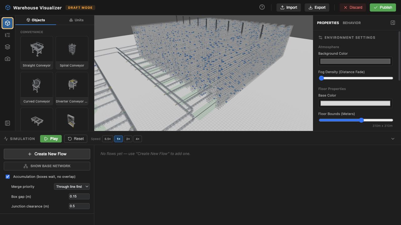 WareVis editor showing the procedural asset catalog and simulation controls.