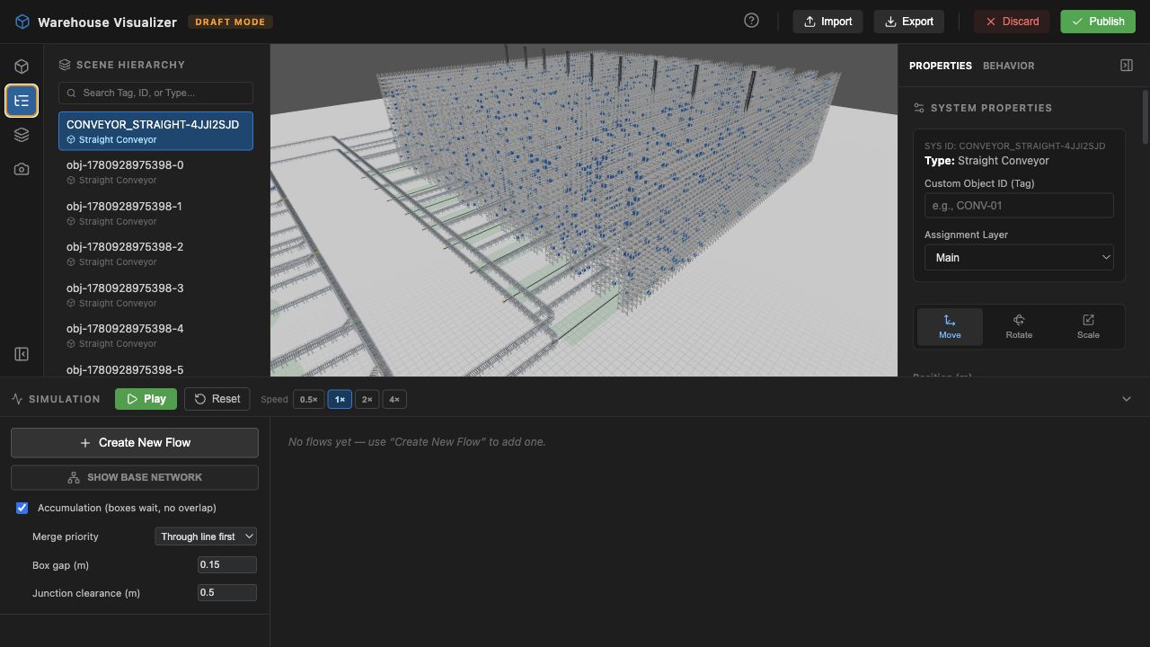 WareVis editor showing a selected straight conveyor and its properties inspector.