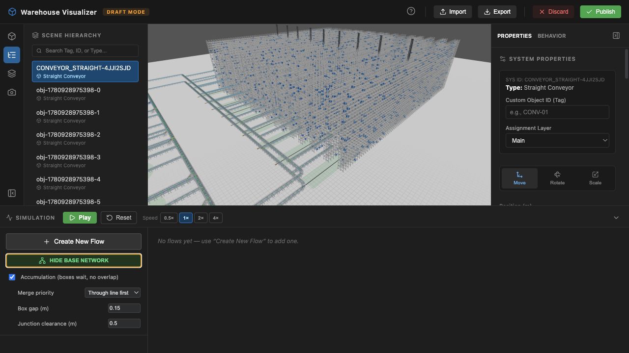 WareVis editor showing simulation controls with the base network overlay enabled.