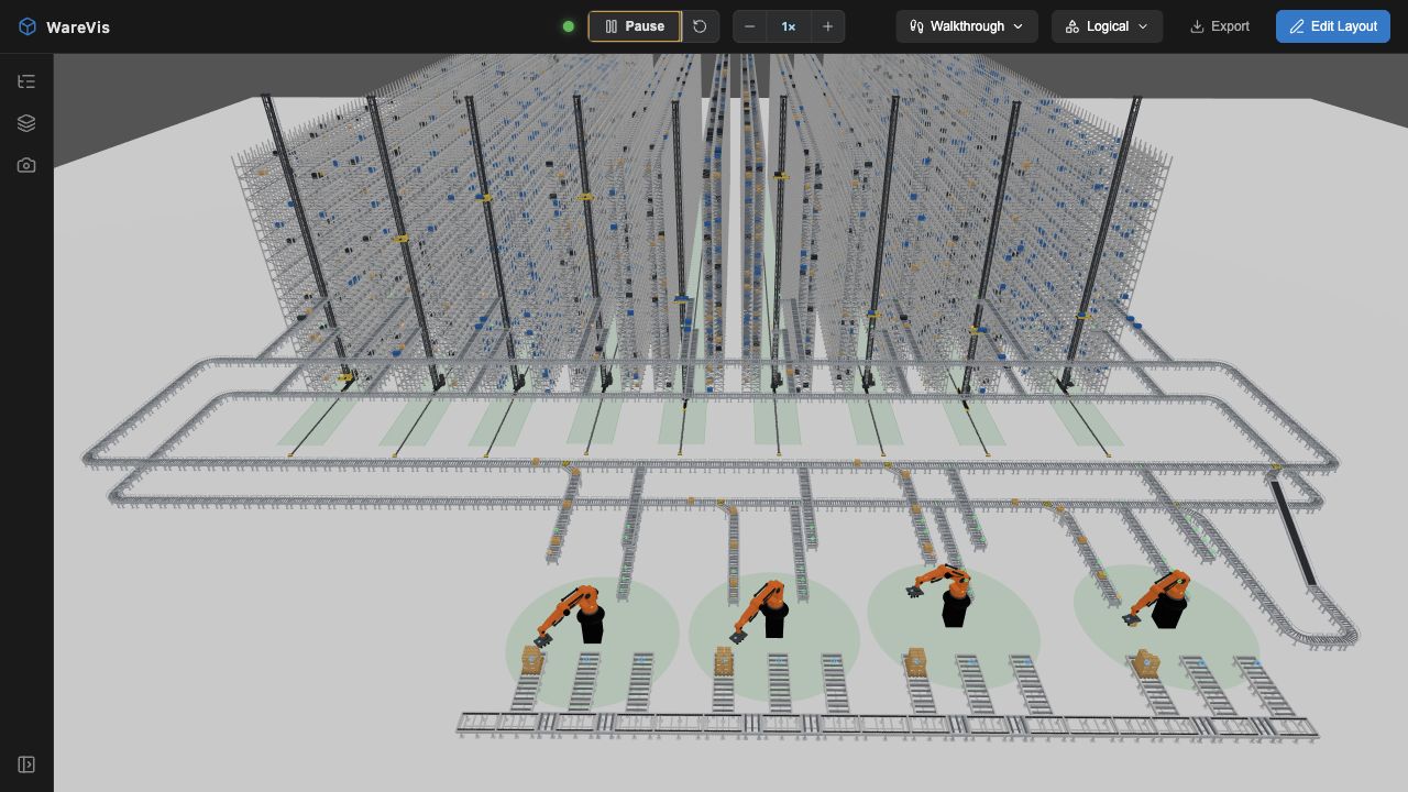 WareVis simulation running with transfer units and robotic work zones.
