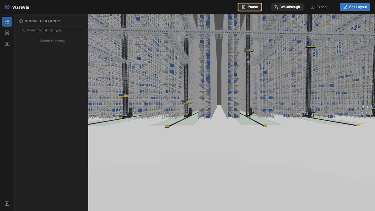 WareVis warehouse aisle view with miniload cranes and active simulation zones.