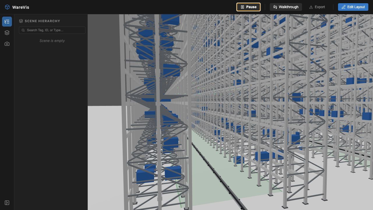 WareVis close rack aisle view with blue transfer units visible in dense storage.